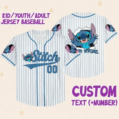 Personalize Disney Stitch Blue, Custom Kid Youth Adult Disney Jersey, Disney Baseball Jersey, Gifts For Disney Fans, Cute Stick Jersey