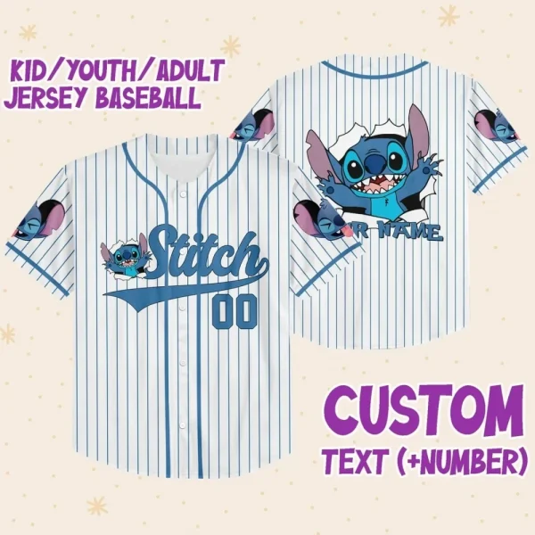 Personalize Disney Stitch Blue, Custom Kid Youth Adult Disney Jersey, Disney Baseball Jersey, Gifts For Disney Fans, Cute Stick Jersey
