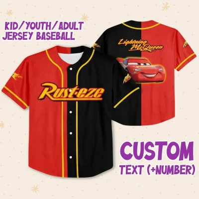 Personalize Lightning Mcqueen Red Black Horizontal Text Custom Kids Youth Adult 3D Disney Baseball Jersey Outfits Cute Gifts For Fans Disney