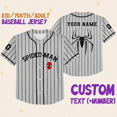 Personalize Spiderman Striped Black, Custom Kid Youth Adult Disney Jersey Spider Man Jersey, Baseball Jersey, Gift For Disney Fans