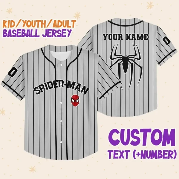 Personalize Spiderman Striped Black, Custom Kid Youth Adult Disney Jersey Spider Man Jersey, Baseball Jersey, Gift For Disney Fans