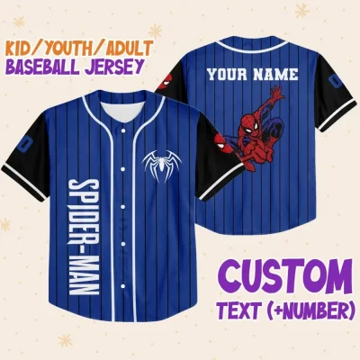 Personalize Spiderman Superhero Awesome Blue, Custom Kid Youth Adult Disney Jersey Spider Man Jersey, Baseball Jersey, Gift For Disney Fans