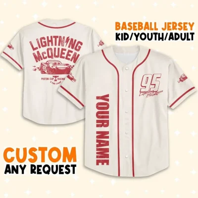 Personalize Cars Lightning Mcqueen Piston Cup Racing Series, Custom Kids, Youth, Adult Disney Baseball Jersey Sports Cute Gifts For Fans