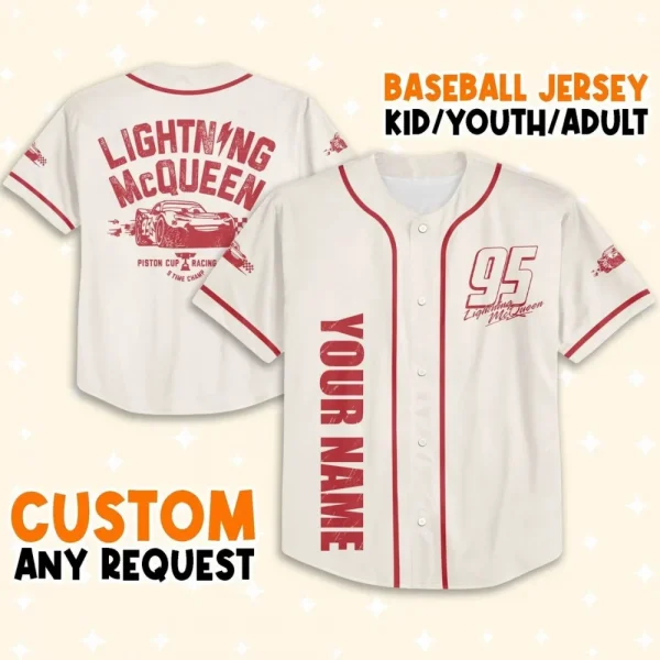 Personalize Cars Lightning Mcqueen Piston Cup Racing Series, Custom Kids, Youth, Adult Disney Baseball Jersey Sports Cute Gifts For Fans