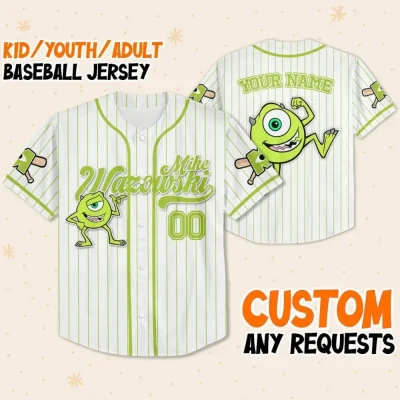 Custom Disney Monster Inc Mike Wazowski Baseball, Custom Kids Youth Adult Disney Baseball Jersey Sports Gift For Fans Disney Family Matching