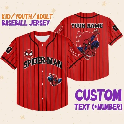 Personalize Spiderman Red Striped Black Color, Custom Kid Youth Adult Disney Jersey Spider Man Jersey, Baseball Jersey, Gift For Disney Fans