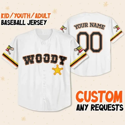 Custom Toy Story Woody White Baseball Jersey, Matching Baseball Team Outfit, Adult Youth Toddler Jersey, Toy Story Jersey, Gift For Fans