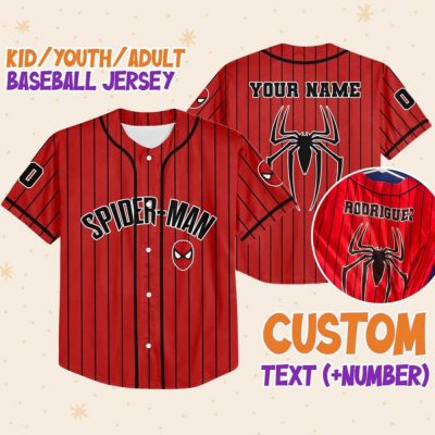 Personalize Spiderman Striped Black Red, Custom Kid Youth Adult Disney Jersey Spider Man Jersey, Baseball Jersey, Gift For Disney Fans