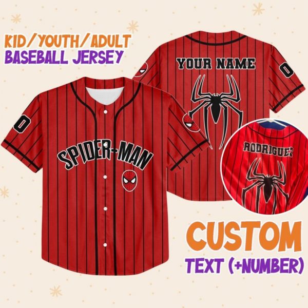 Personalize Spiderman Striped Black Red, Custom Kid Youth Adult Disney Jersey Spider Man Jersey, Baseball Jersey, Gift For Disney Fans