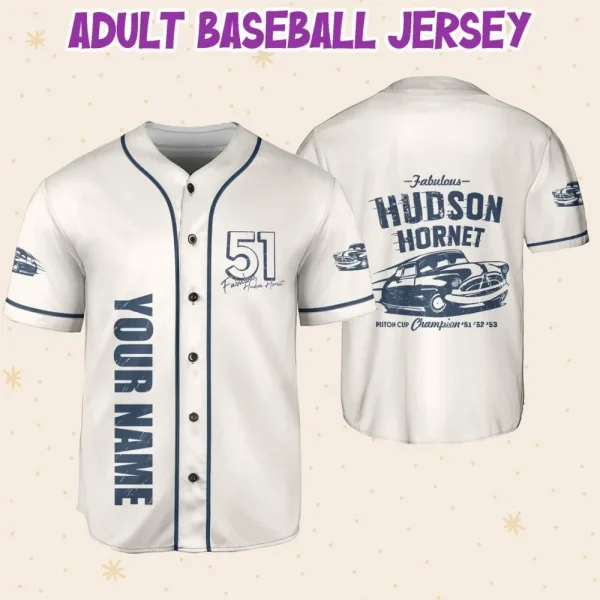 Personalize Cars Hudson Hornet Piston Cup Champion'51'52'53, Custom Kids, Youth, Adult Disney Baseball Jersey Sports Cute Gifts For Fans