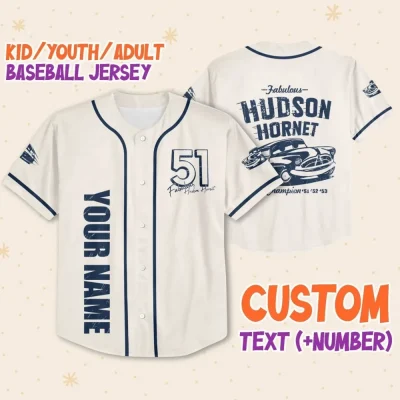 Personalize Cars Hudson Hornet Piston Cup Champion'51'52'53, Custom Kids, Youth, Adult Disney Baseball Jersey Sports Cute Gifts For Fans