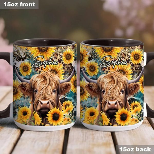 Highland Cow Among Sunflowers - Personalized Accent Mug