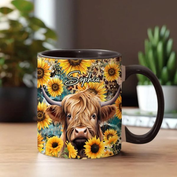 Highland Cow Among Sunflowers - Personalized Accent Mug