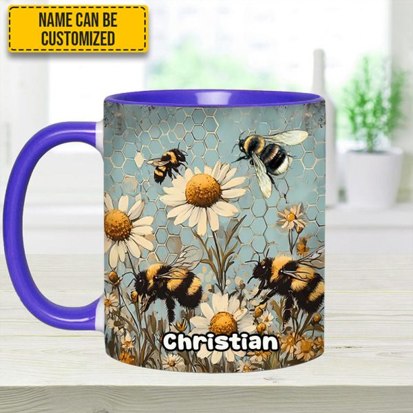 Vintage Garden Bee Floral Daisy  - Personalized Bee Accent Mug