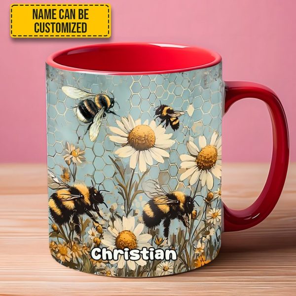 Vintage Garden Bee Floral Daisy  - Personalized Bee Accent Mug