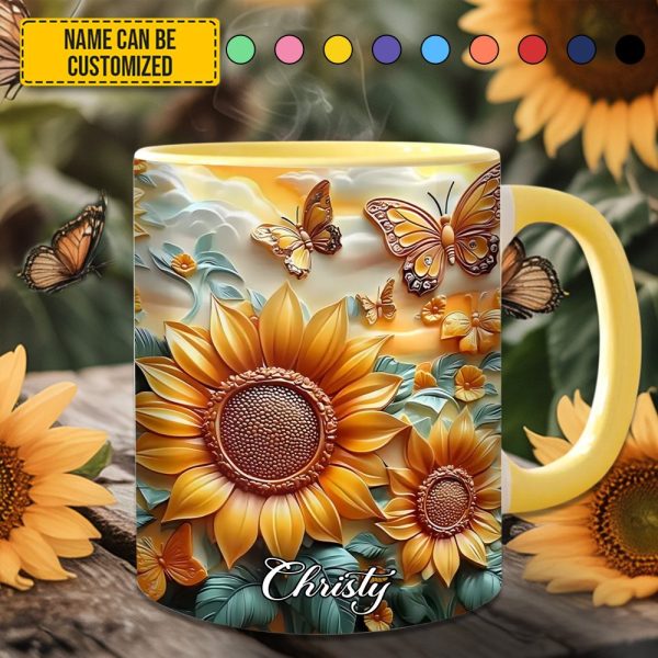 Sunflower With Butterflies - Personalized Sunflower Accent Mug