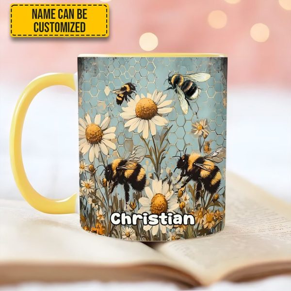 Vintage Garden Bee Floral Daisy  - Personalized Bee Accent Mug
