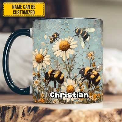 Vintage Garden Bee Floral Daisy  - Personalized Bee Accent Mug