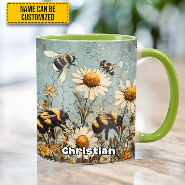 Vintage Garden Bee Floral Daisy  - Personalized Bee Accent Mug