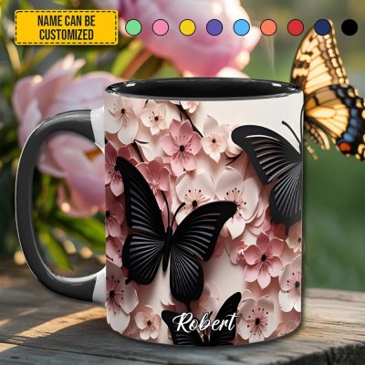 Butterfly And Flowers - Personalized Butterfly Accent Mug