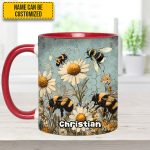Vintage Garden Bee Floral Daisy  - Personalized Bee Accent Mug