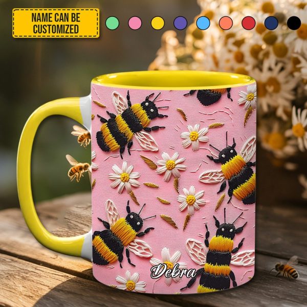 Personalized Bee & Daisy Accent Mug – Embroidered  Style