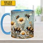 Vintage Garden Bee Floral Daisy  - Personalized Bee Accent Mug