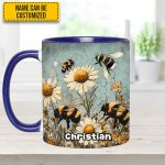 Vintage Garden Bee Floral Daisy  - Personalized Bee Accent Mug