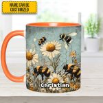 Vintage Garden Bee Floral Daisy  - Personalized Bee Accent Mug