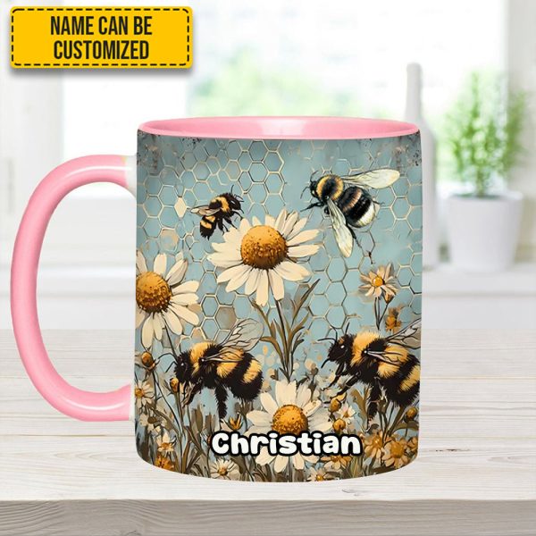 Vintage Garden Bee Floral Daisy  - Personalized Bee Accent Mug