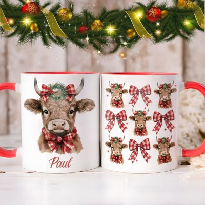 Personalized Christmas Cow Accent Mug With Plaid Bows