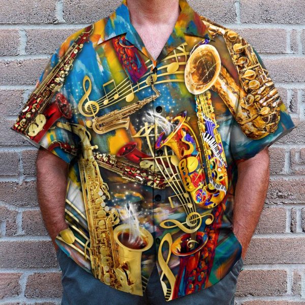 Saxophone Melody Men'S Button'S Up Shirts Hawaiian Shirt