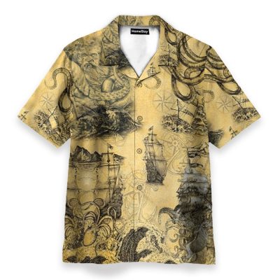 Octopus Attacks Ship Men'S Button'S Up Shirts Hawaiian Shirt