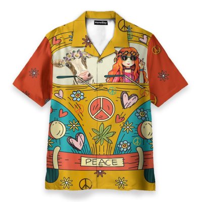 Hippie Cow On Peace Bus Men'S Button'S Up Shirts Hawaiian Shirt