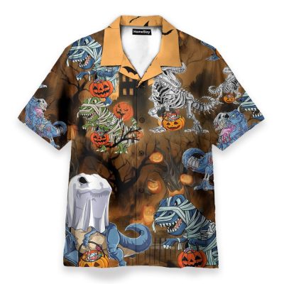 Dinosaur Skeleton With The Pumkin Bucket Halloween Hawaiian Shirt