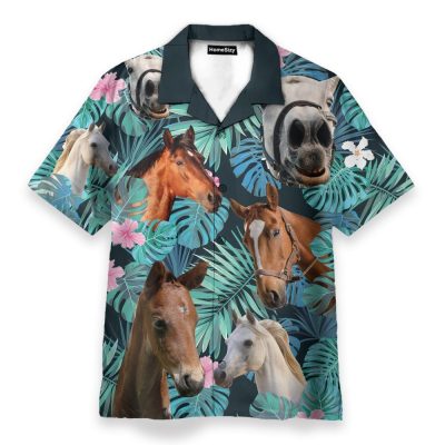 Horse In Tropical Green Leaves Hawaiian Shirt