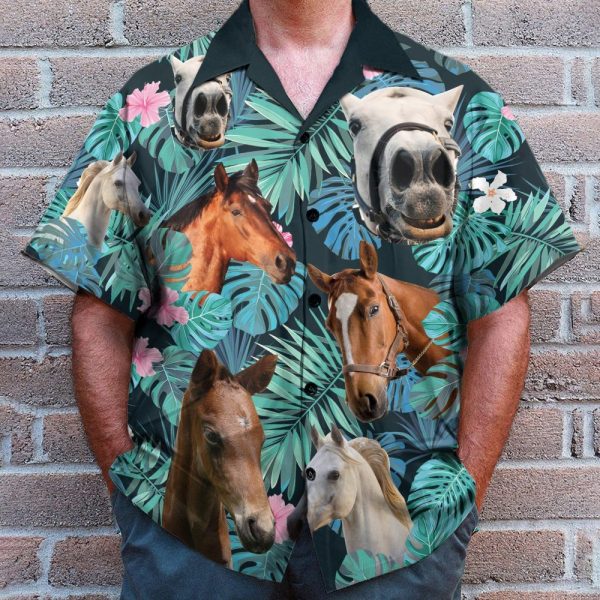 Horse In Tropical Green Leaves Hawaiian Shirt