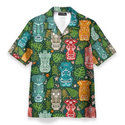 Tiki Tropical Green Men'S Button'S Up Shirts Hawaiian Shirt & Beach Shorts