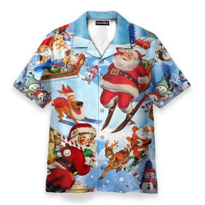 Skiing Santa Claus Funny Button'S Up Shirts Hawaiian Shirt