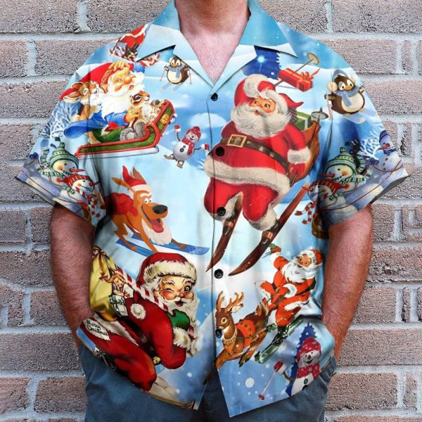 Skiing Santa Claus Funny Button'S Up Shirts Hawaiian Shirt