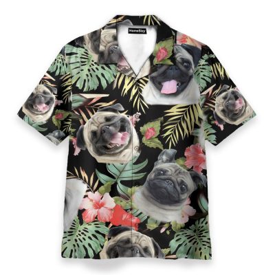 Cute Pug In Tropical Green Leaves Hawaiian Shirt