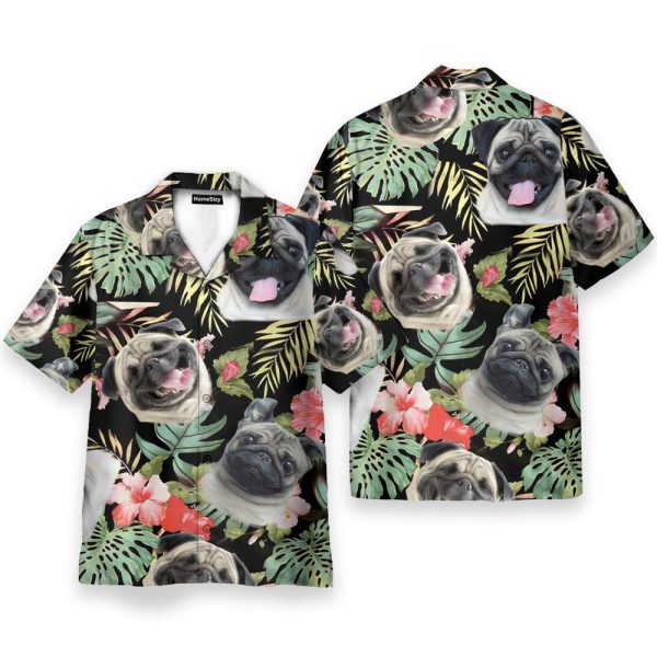 Cute Pug In Tropical Green Leaves Hawaiian Shirt
