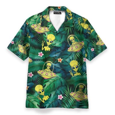 Hippie Alien Ufo In Tropical Green Leaves Hawaiian Shirt