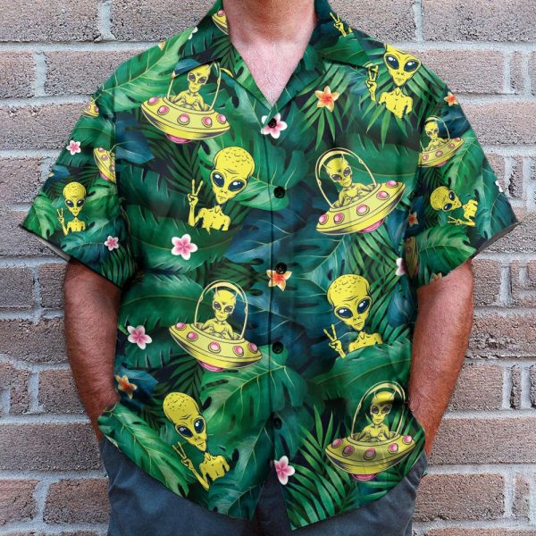 Hippie Alien Ufo In Tropical Green Leaves Hawaiian Shirt