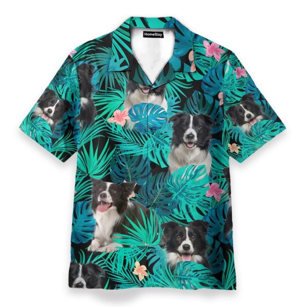 Border Collie In Tropical Green Leaves Hawaiian Shirt