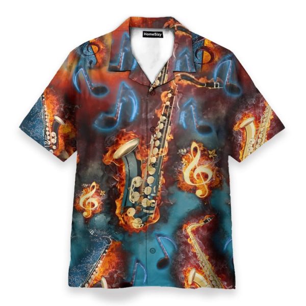 Saxophone Fire Flame Men'S Button'S Up Shirts Hawaiian Shirt