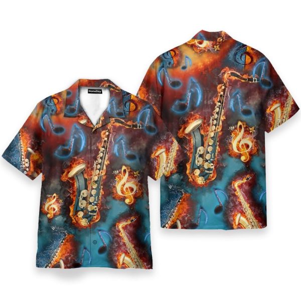 Saxophone Fire Flame Men'S Button'S Up Shirts Hawaiian Shirt