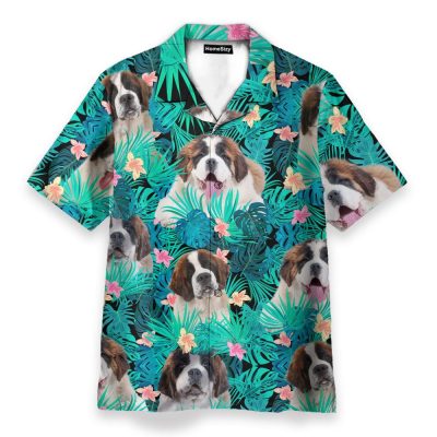 Saint Bernard In Tropical Green Leaves Hawaiian Shirt
