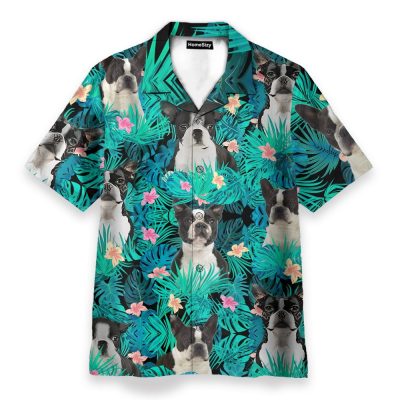 Boston Terrier In Tropical Green Leaves Hawaiian Shirt