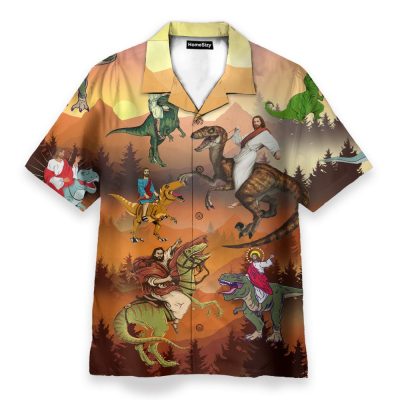 Jesus Rides A Dinosaur Men'S Button'S Up Shirts Hawaiian Shirt